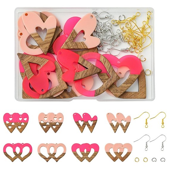 DIY Valentine's Day Themed Earring Kits, including Resin and Walnut Pendants, Iron Earring Hooks, 304 Stainless Steel Open Jump Rings