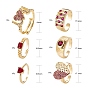 6Pcs 6 Style Brass Micro Pave Cubic Zirconia Cuff Rings, Open Rings, Long-Lasting Plated, Word & Heart & Ring & Rectangle & Flat Round