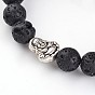 Tête de bouddha bracelets extensibles perlés en pierre de lave naturelle, avec des perles en alliage de style tibétain, 55mm