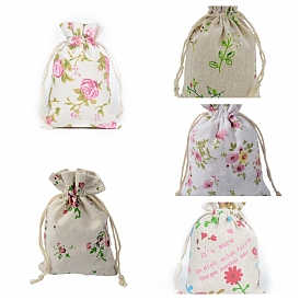 Pochettes d'emballage en tissu de coton sacs à cordon, rectangle avec motif rose/floral/branche/fleur