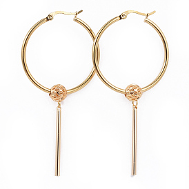 304 Stainless Steel Dangle Hoop Earrings, with Brass Hollow Round Beads and Stick Pendants