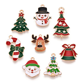 Новогодняя тема сплава эмали подвески, золотой свет, снеговик, рождественская елка, олень, колокольчик, леденец и подвеска в виде Санта-Клауса