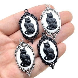 Tibetan Style Alloy Enamel Pendants, Oval with Cat Charm