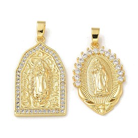 Brass Micro Pave Clear Cubic Zirconia Pendants, Arch & Oval with Virgin Mary Charms, Real 14K Gold Plated