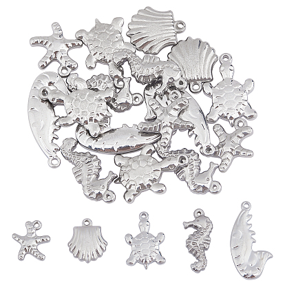 20pcs 5 style 201 & 304 charmes en acier inoxydable, étoile de mer / étoiles de mer