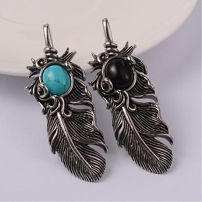 Leaf 304 Stainless Steel Big Pendants, with Synthetic Turquoise or Resin, 62x23x8mm, Hole: 6x8mm