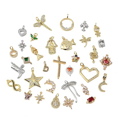 Brass Micro Pave Cubic Zirconia Pendants & Connector Finding Kits, Mixed Shapes