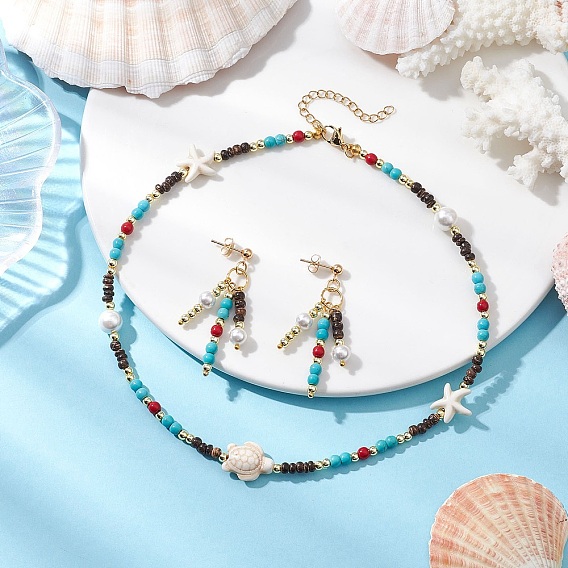 Комплект из ожерелий и серег из синтетической бирюзы для женщин, черепаха и морская звезда