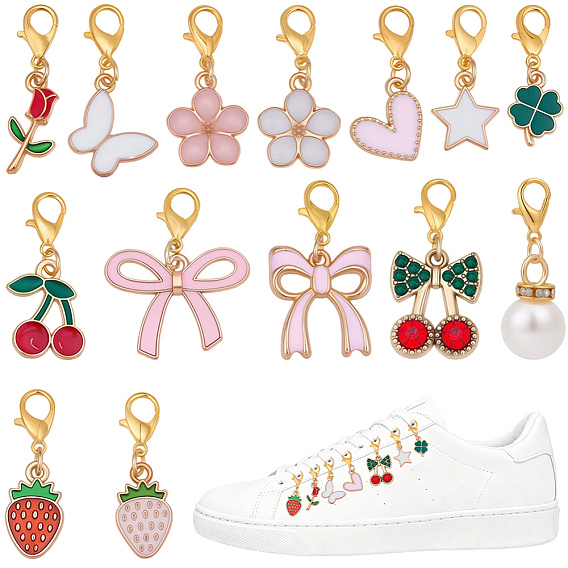 28Pcs 14 Styles Alloy Enamel Pendant Decorations, with Alloy Lobster Claw Clasps