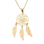 201 Stainless Steel Pendants Necklaces, with Cable Chains and Lobster Claw Clasps, Woven Net/Web with Feather