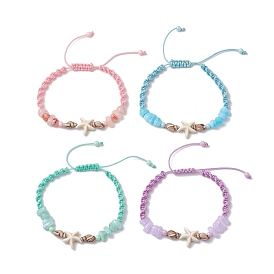 4Pcs Adjustable Synthetical Turquoise Starfish Braided Bead Bracelets, with Acrylic Shell Beads