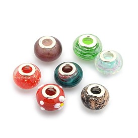 Mixed Handmade Lampwork Gold Sand European Large Hole Rondelle Beads, with Silver Color Plated Brass Double Cores, 14x9mm, Hole: 5mm