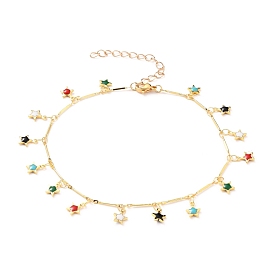 Brass Enamel Star Charm Anklets, with Brass Bar Link Chains and 304 Stainless Steel Lobster Claw Clasps, Colorful