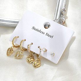 304 Stainless Steel with Rhinestone Heart Earring Sets, Ion Plating(IP)