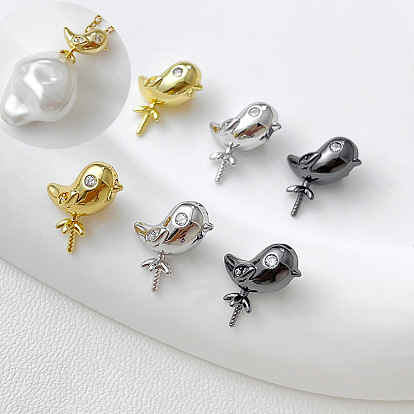 Brass Pave Clear Cubic Zirconia Bird Peg Bails Pin Charms, for Baroque Pearl Making