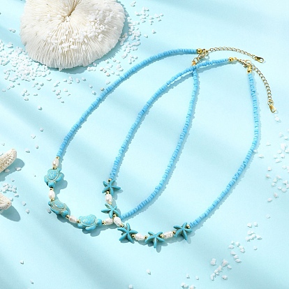 2Pcs 2 Styles Ocean Turtle Starfish Synthetic Turquoise & Natural Pearl & Glass Seed Beaded Necklaces, Golden