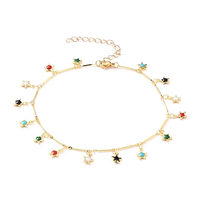 Brass Enamel Star Charm Anklets, with Brass Bar Link Chains and 304 Stainless Steel Lobster Claw Clasps, Colorful