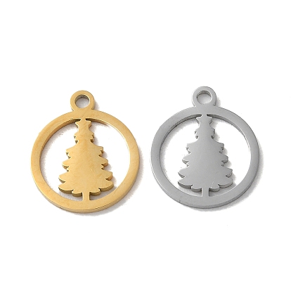 Ion Plating(IP) 304 Stainless Steel Charms, Laser Cut, Round Ring with Christmas Tree Charms