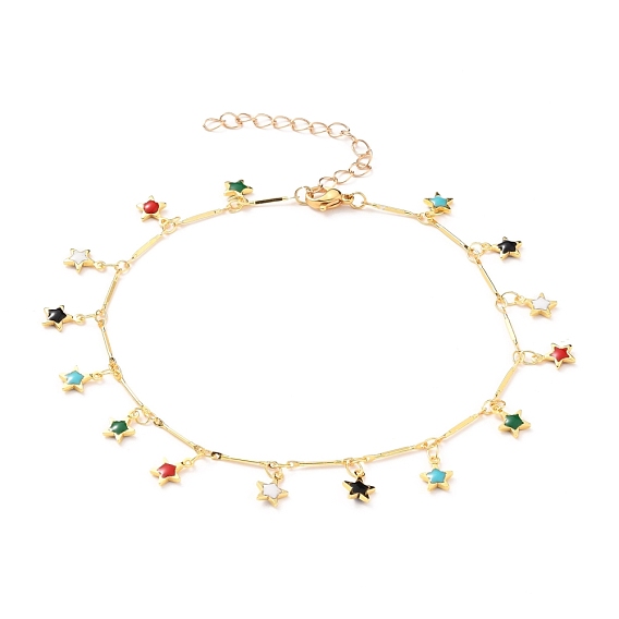Brass Enamel Star Charm Anklets, with Brass Bar Link Chains and 304 Stainless Steel Lobster Claw Clasps, Colorful