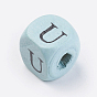 Natural Wood Printed Beads, Horizontal Hole, Dyed, Cube with Initial Letter