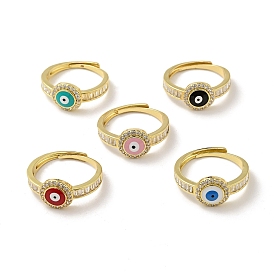 Enamel Evil Eye Adjustable Ring with Clear Cubic Zirconia, Real 18K Gold Plated Brass Lucky Jewelry for Women