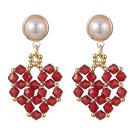 Boucles d'oreilles pendantes en forme de cœur en verre avec perle en plastique ABS, bijoux en fil d'or pour femmes