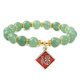 Natural Mixed Gemstone Round Beaded Bracelets, Spring Festival Theme FU Character Alloy Enamel Charms Adjustable Bracelet