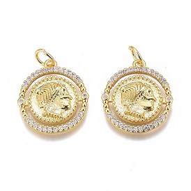 Brass Micro Pave Clear Cubic Zirconia Pendants, Long-Lasting Plated, with Jump Rings, Flat Round with Portrait