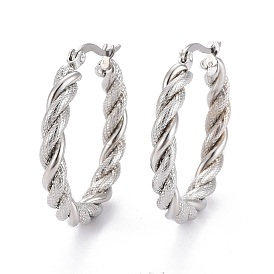304 Stainless Steel Hoop Earring, Hypoallergenic Earrings, with Ear Nut, Textured, Twisted Ring Shape