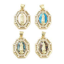 Brass Micro Pave Clear Cubic Zirconia Pendants, with Synthetic Opal and ABS Plastic Pearl, Real 18K Gold Plated, Octagon with Holy Virgin Charms