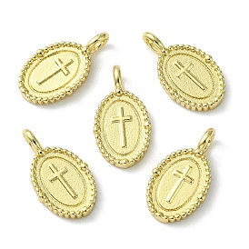 Rack Plating Brass Pendants,  Long-Lasting Plated, Lead Free & Cadmium Free, Oval with Cross Charm