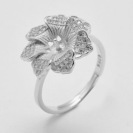 Adjustable 925 Sterling Silver Design Ring Mounts Fittings with Pearl Seat, For Half Drilled Beads, with Cubic Zirconia, Flower, Size 7