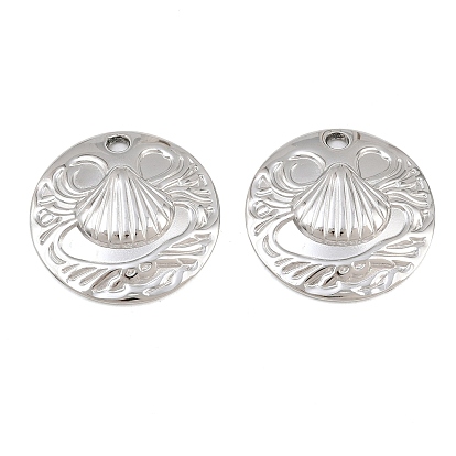 Ocean Theme 304 Stainless Steel Pendants, Flat Round with Wave Shell Shape Charms
