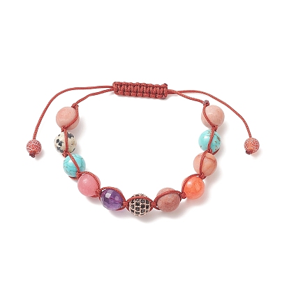 Round Natural Mixed Gemstone Braided Bead Bracelet, Chakra Adjustable Bracelet for Women