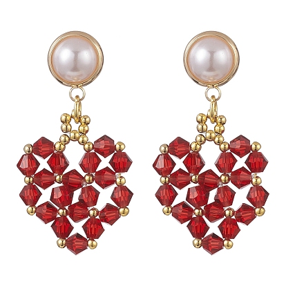 Glass Heart with ABS Plastic Pearl Dangle Stud Earrings, Golden Barss Wire Wrap Jewelry for Women