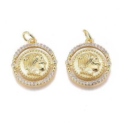 Brass Micro Pave Clear Cubic Zirconia Pendants, Long-Lasting Plated, with Jump Rings, Flat Round with Portrait