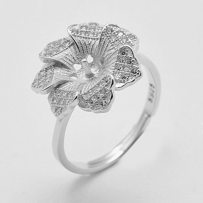 Adjustable 925 Sterling Silver Design Ring Mounts Fittings with Pearl Seat, For Half Drilled Beads, with Cubic Zirconia, Flower, Size 7