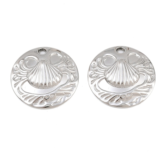 Ocean Theme 304 Stainless Steel Pendants, Flat Round with Wave Shell Shape Charms