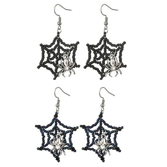 Тематика хэллоуина паутина с пауком серьги ручной работы из стеклянных бусин, с подвесками из сплава в тибетском стиле и 304 крючками для сережек из нержавеющей стали, цвет нержавеющей стали