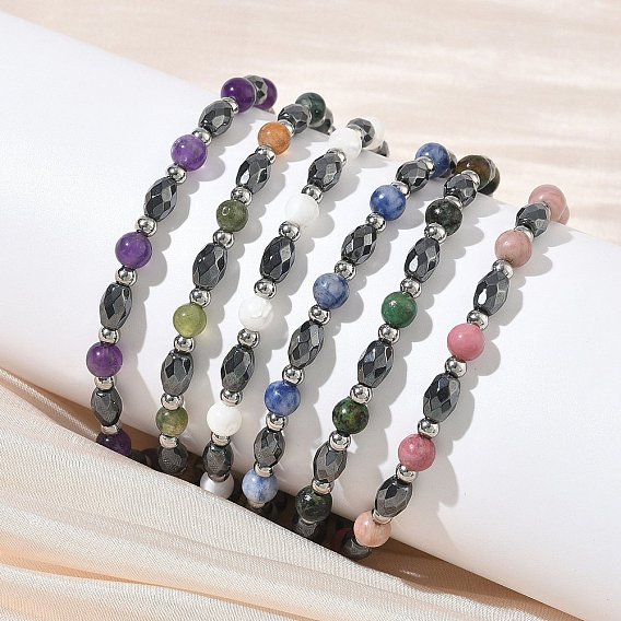 Браслеты из натуральных драгоценных камней и немагнитного синтетического гематита для женщин, с 201 нержавеющей сталью и 304 фурнитурой из нержавеющей стали