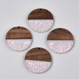 Epoxy Resin & Walnut Wood Pendants, with Dried Flower, Flat Round