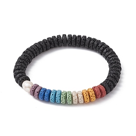 Dyed Colorful Natural Lava Rock Disc & Pearl Beaded Stretch Bracelet