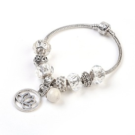 European Bracelets, with Glass Beads and Natural Moonstone, Alloy Rhinestone Beads and Metal Findings, Flat Round with Lotus