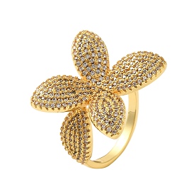 Brass Micro Pave Clear Cubic Zirconia Finger Rings for Women, Flower