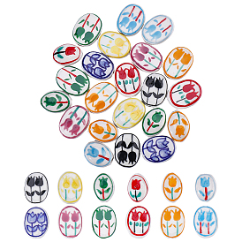 24Pcs 12 Style Handmade Porcelain Beads, Oval with Flower, Famille Rose Porcelain