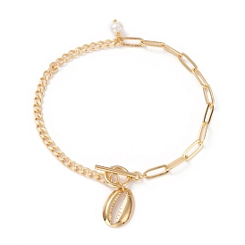 Anklets, with Natural Pearl Beads, Brass Curb Chains & Paperclip Chains, 304 Stainless Steel Toggle Clasps & Pendants, Shell Shape