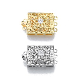  Brass Pave Clear Cubic Zirconia Box Clasps, Multi-Strand Clasps, 3-Strands, 6 Holes, Rectangle