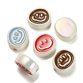 UV Plating Rainbow Iridescent Acrylic Enamel Beads, Oval with Smiling Face Pattern