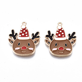 Eco-Friendly Alloy Enamel Pendants, Cadmium Free & Lead Free & Nickel Free, Christmas Reindeer/Stag, Light Gold