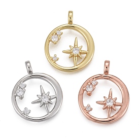 Brass Micro Pave Clear Cubic Zirconia Pendants, Long-Lasting Plated, Ring with Star
